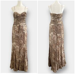 Ricki Freeman Teri Jon Nites Silk Paisley Sequin Maxi Brown Taupe Dress Size 8